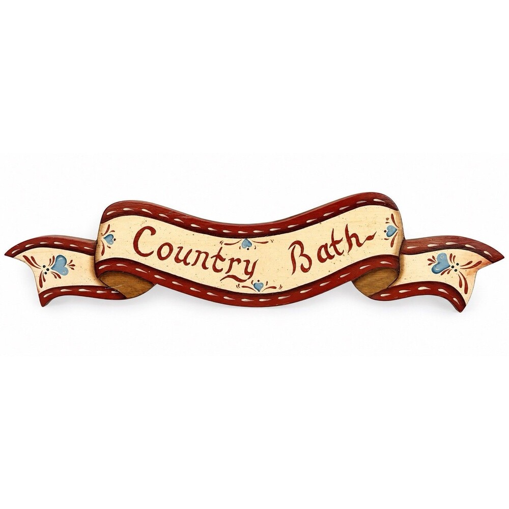Hand Painted Wood Country Bath Ribbon Wall Sign Hanging Brown Cream Blue 21"